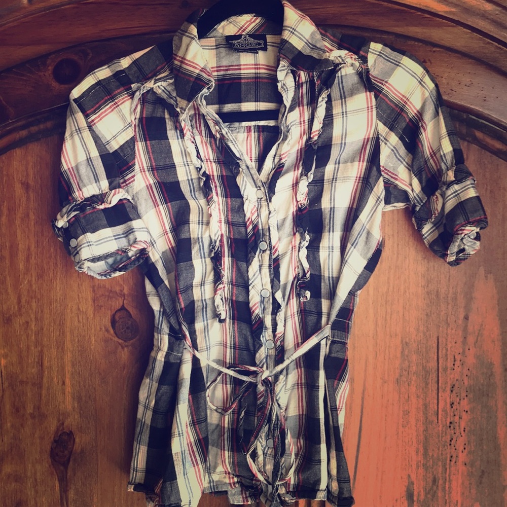 Plaid western style top with pearl snaps